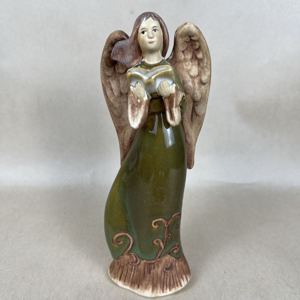Rustic Ceramic Angel Holding Book‎ Pottery Green Collectible Figurine 7” Tall